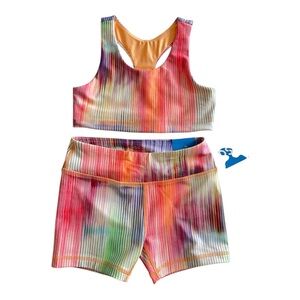 DSG Kids S (8-9) sports bra and matching shorts multi-color striped pattern